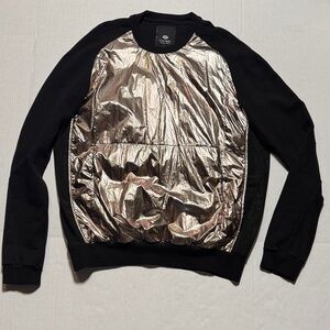 TOM REBL Men's Black Gold Metallic Puffer Crewneck Sweatshirt Sheer Panels XXL